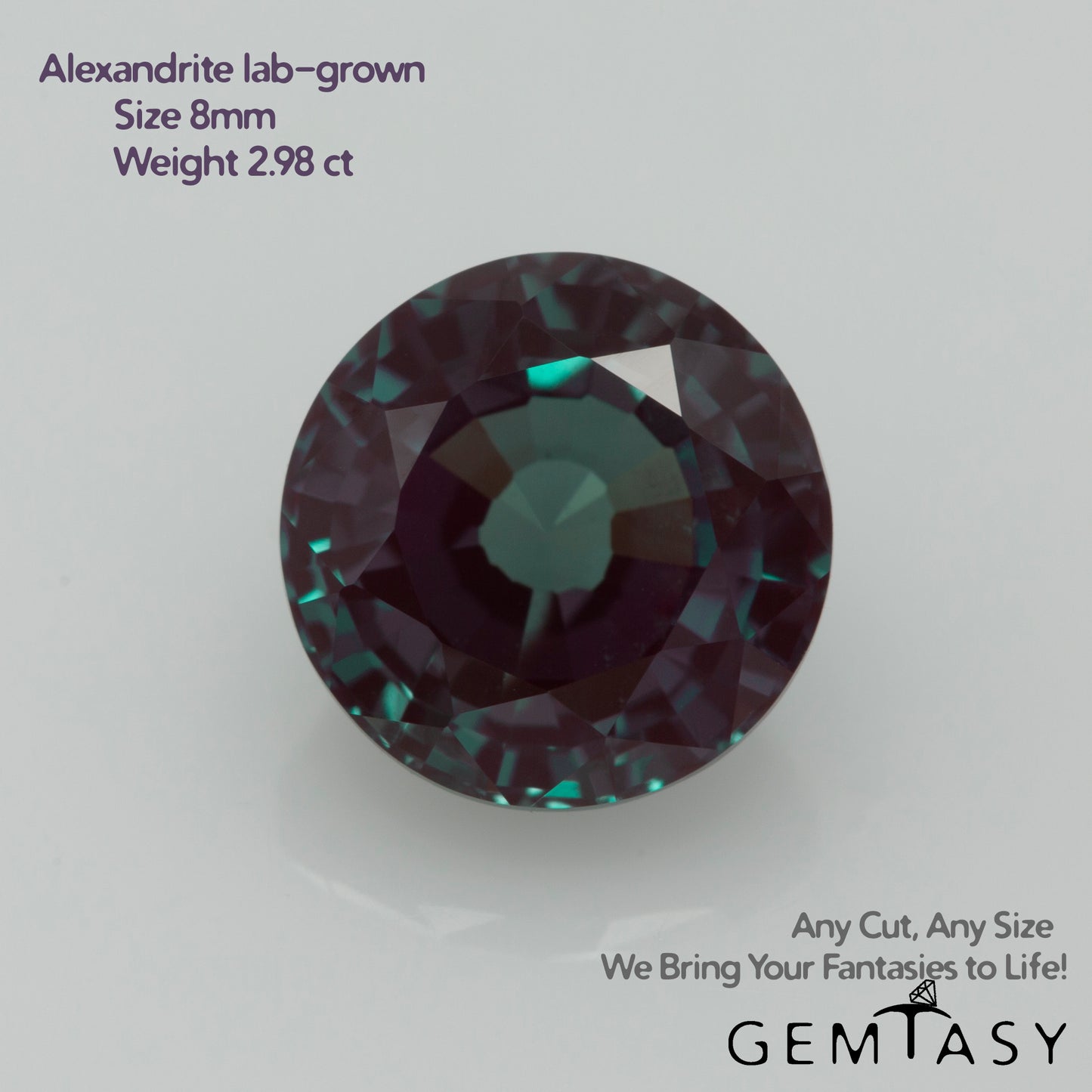 Cut stone - Alexandrite Czochralski (Pulled) lab grown, facet Round 8.0mm 2.98ct