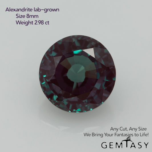 Pierre taillée - Alexandrite Czochralski (tirée) cultivée en laboratoire, facette Ronde 8.0mm 2.98ct