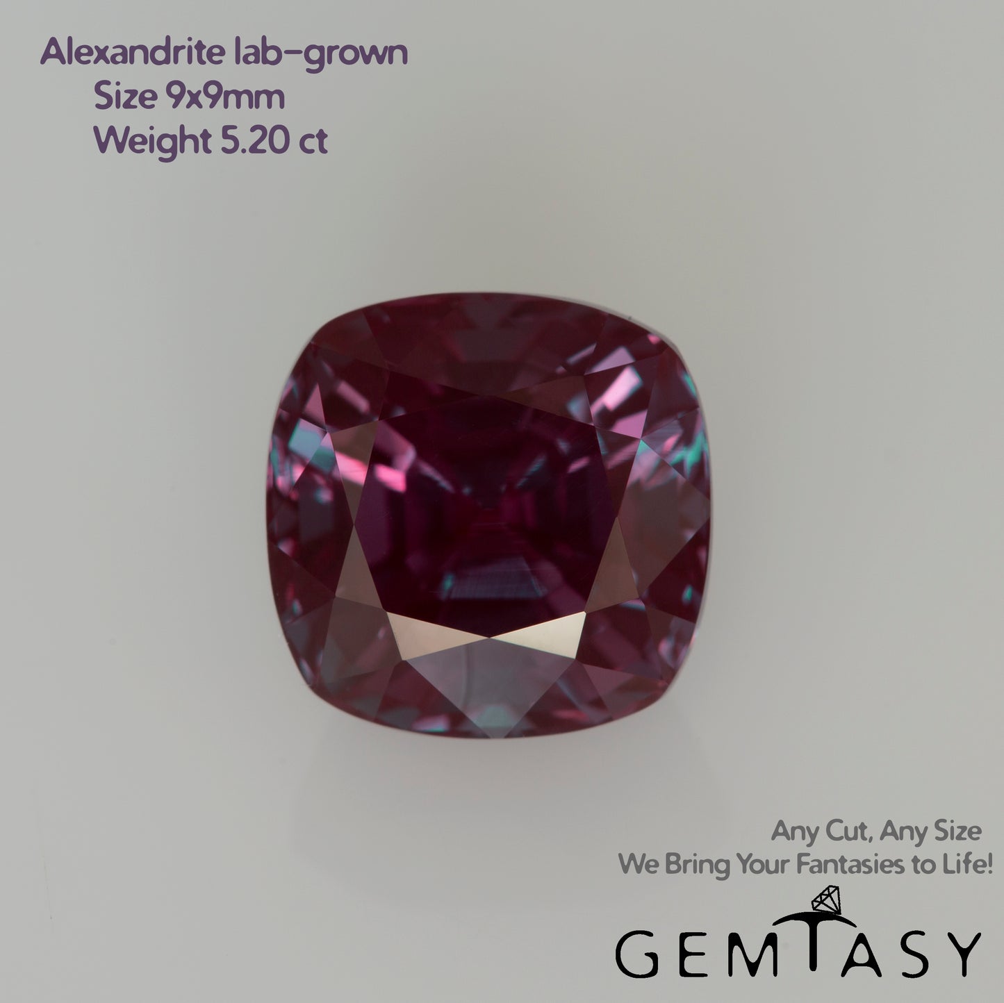 Cut stone - Alexandrite Czochralski (Pulled) lab grown, facet Cushion 9x9mm 5.20ct