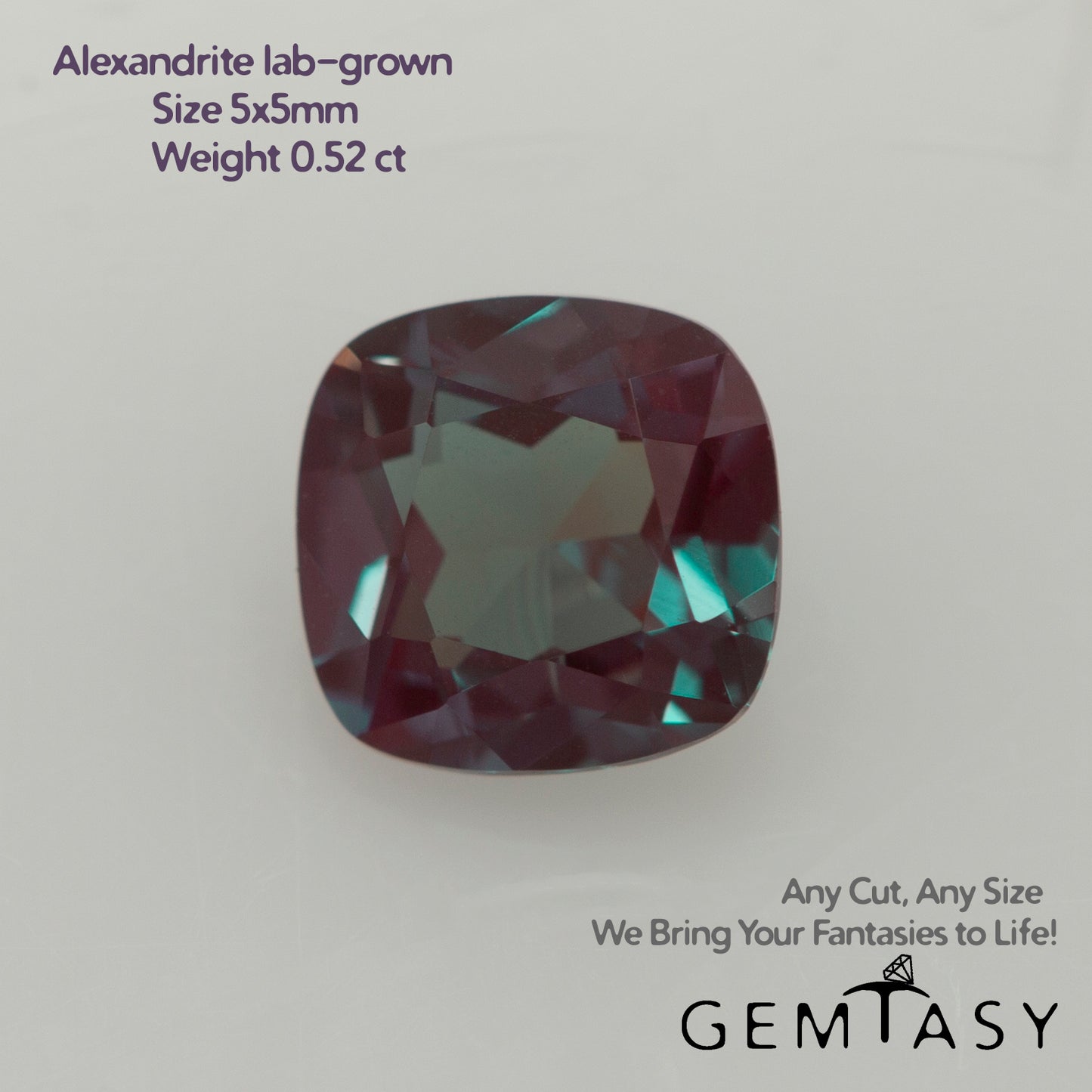 Pierre taillée - Alexandrite Czochralski (Tirée) cultivée en laboratoire, facette Coussin 5x5mm 0,52ct