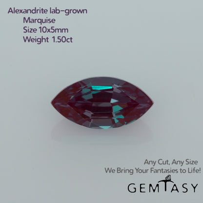 Pierre taillée - Alexandrite Czochralski (Tirée) cultivée en laboratoire, facette Marquise 10x5mm 1.50-1.55ct