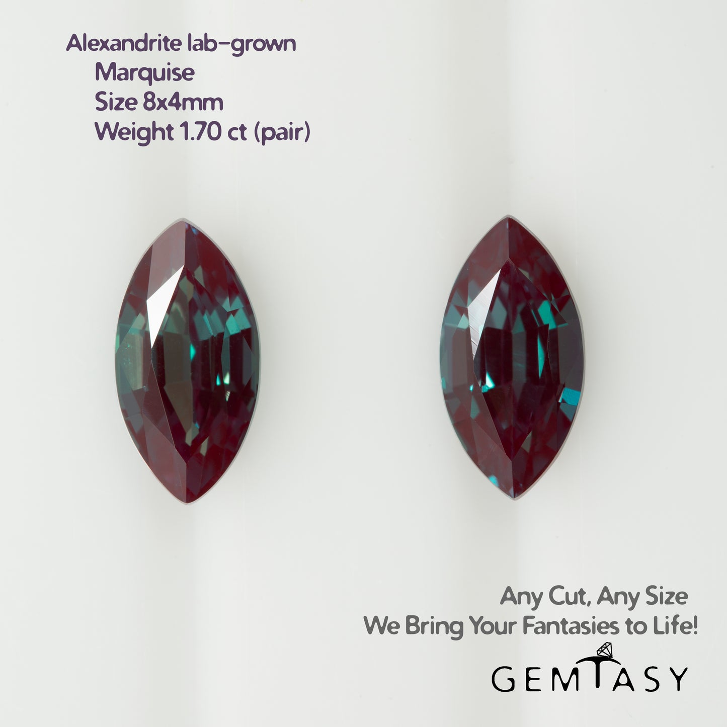 Cut stone - Alexandrite Czochralski (Pulled) lab grown, facet Marquise 8x4mm 1.70ct (pair)