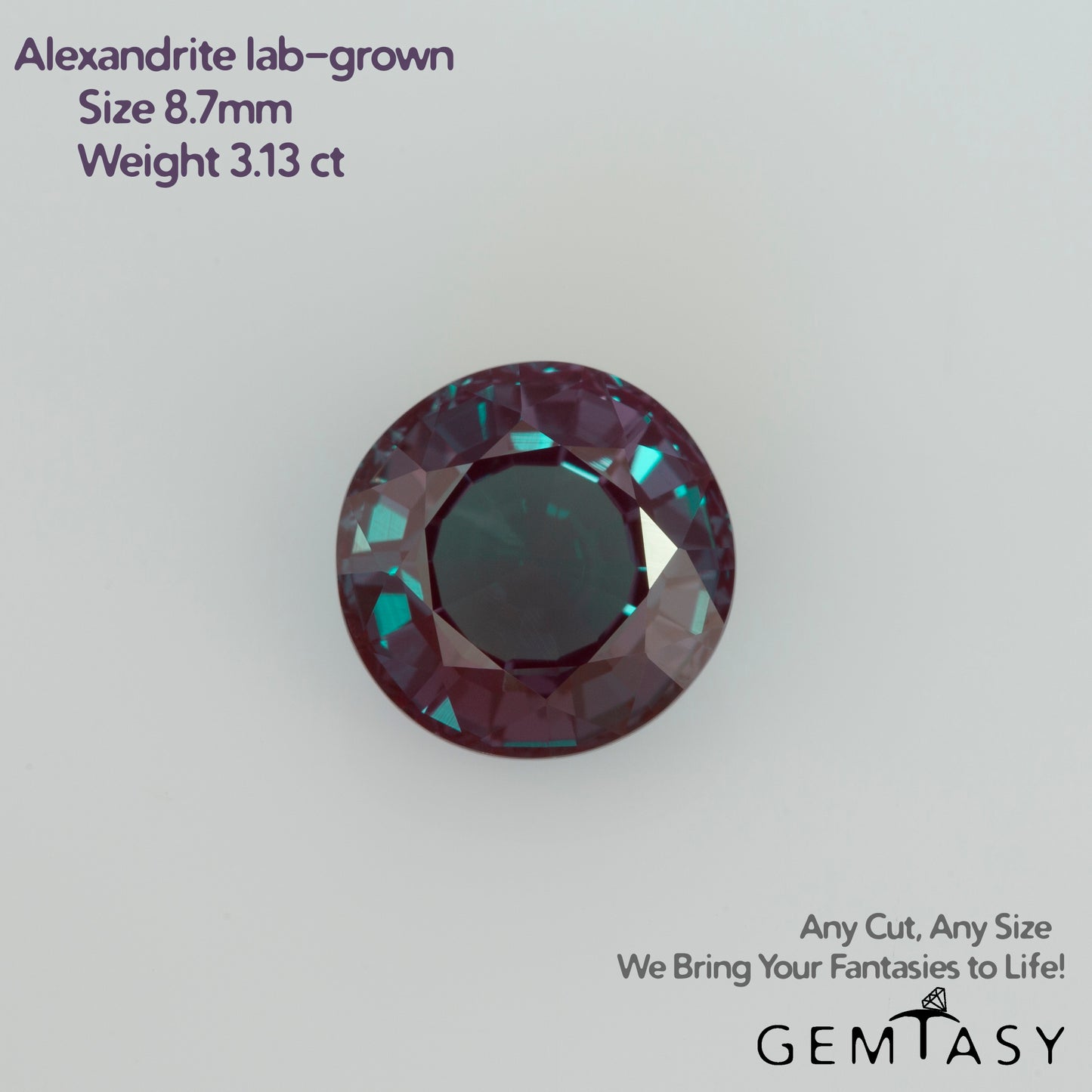 Cut stone - Alexandrite Czochralski (Pulled) lab grown, facet Round 8.7mm 3.13ct