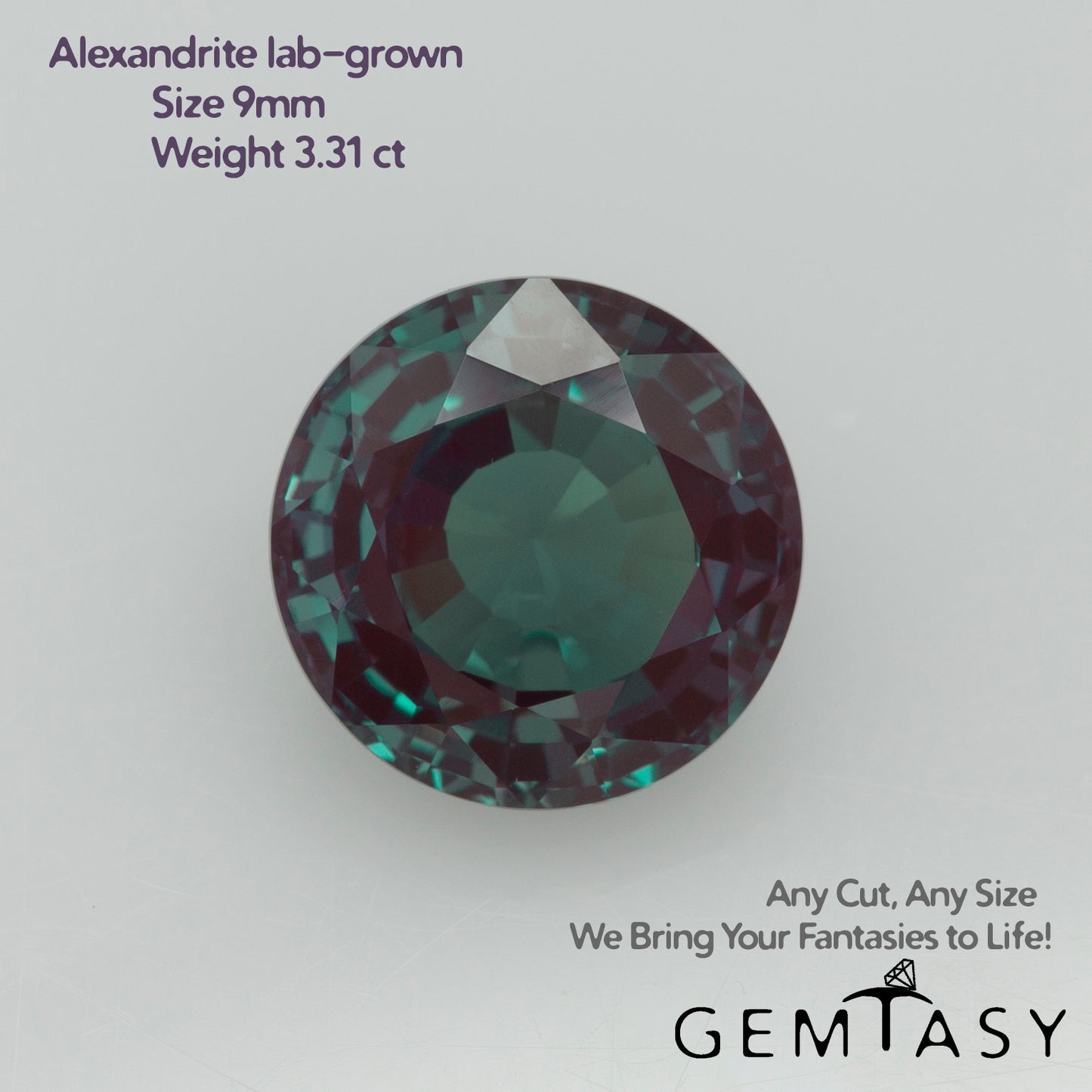 Pierre taillée - Alexandrite Czochralski (Tirée) cultivée en laboratoire, facette Ronde 9mm 3,31ct