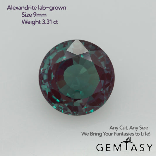 Pierre taillée - Alexandrite Czochralski (Tirée) cultivée en laboratoire, facette Ronde 9mm 3,31ct