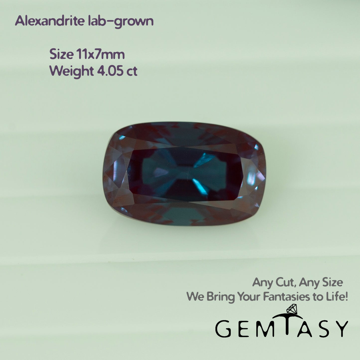 Cut stone - Alexandrite Czochralski (Pulled) lab grown, facet Cushion 11x7mm 4.00-4.15ct