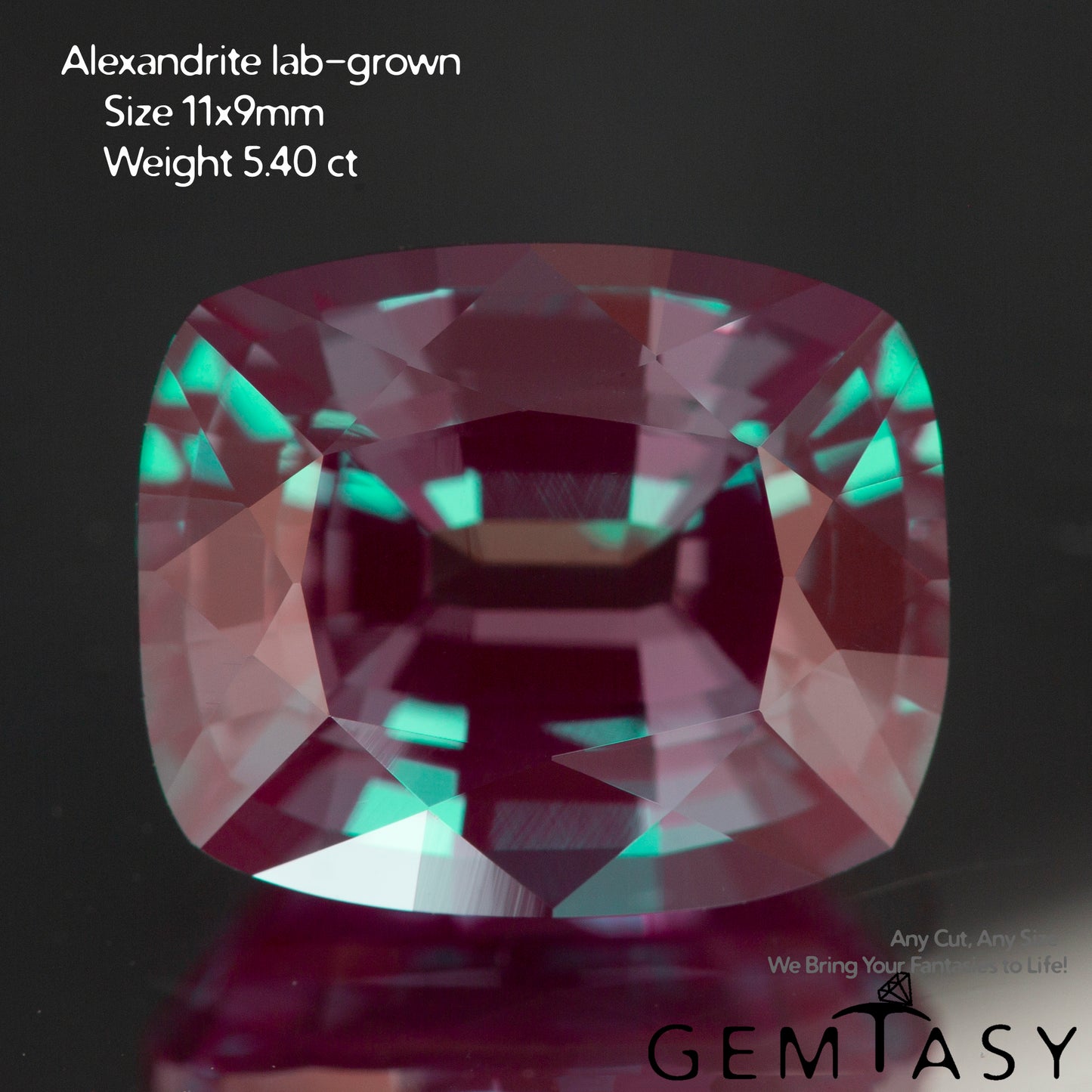 Cut stone - Alexandrite Czochralski (Pulled) lab grown, facet Cushion 11x9mm 5.24-5.72ct