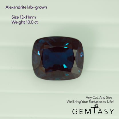 Pierre taillée - Alexandrite Czochralski (tirée) cultivée en laboratoire, facette Coussin 13x11mm 10ct