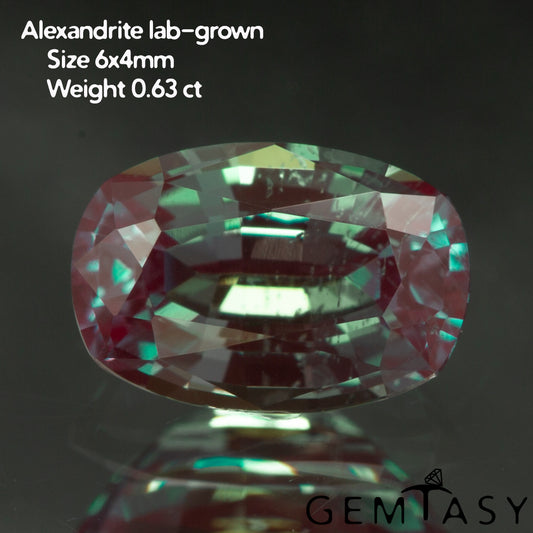 Cut stone - Alexandrite Czochralski (Pulled) lab grown, facet Cushion 6x4mm 0.63ct