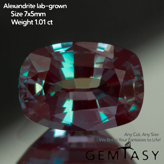 Cut stone - Alexandrite Czochralski (Pulled) lab grown, facet Cushion 7x5mm 0.89-1.09ct