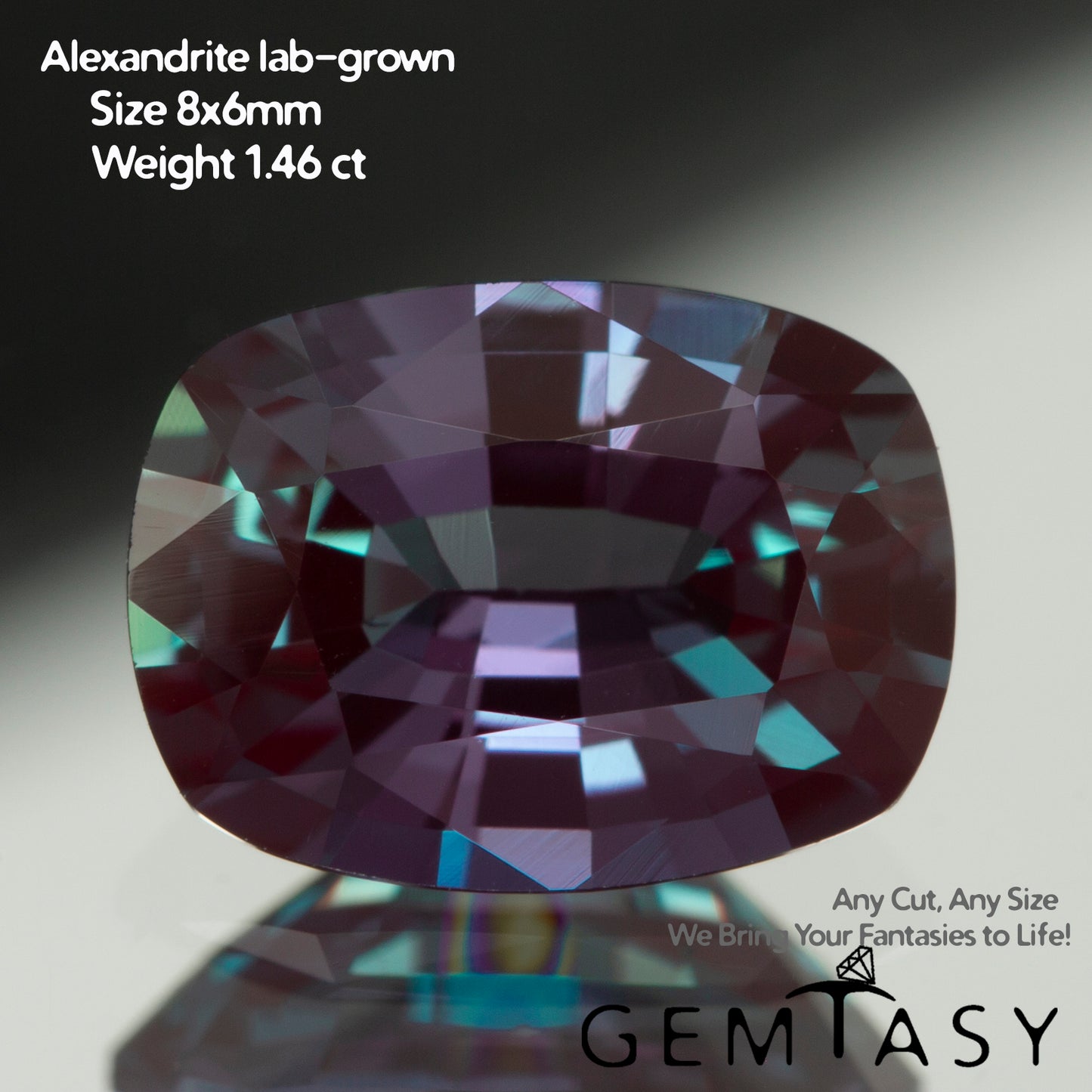 Cut stone - Alexandrite Czochralski (Pulled) lab grown, facet Cushion 8x6mm 1.46-1.98ct