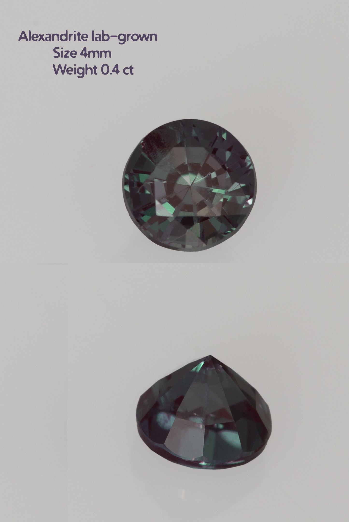 Cut stone - Alexandrite Czochralski (Pulled) lab grown, facet Round 4mm 0.40ct