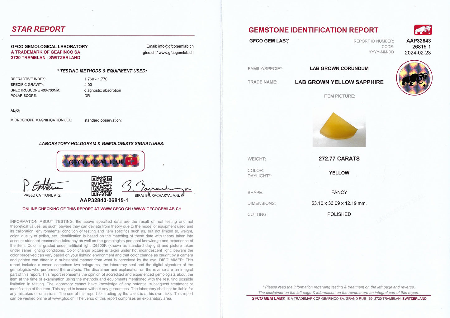 Pierre brute à facettes - Saphir Jaune Czochralski (Tiré) cultivé en laboratoire 191.30ct