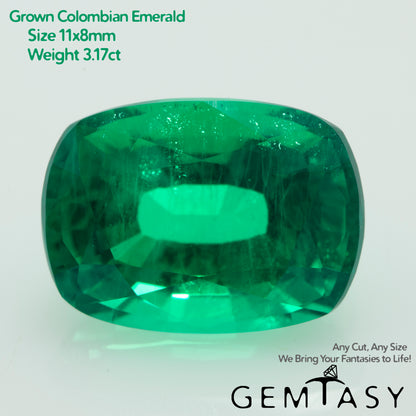 Cut stone - Emerald Colombian hydrothermal lab grown, facet Cushion 11x8mm 3.17ct