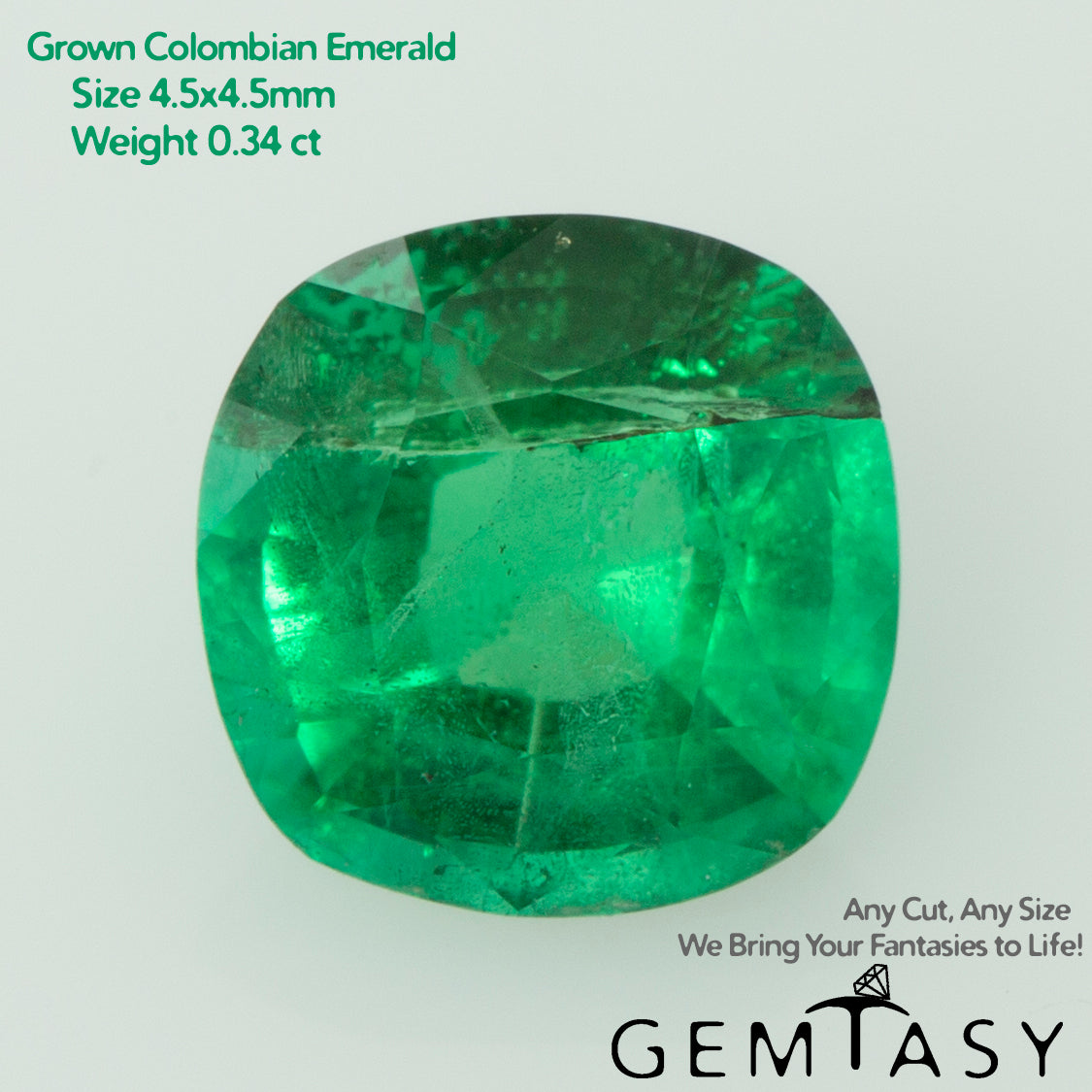 Cut stone - Emerald Colombian hydrothermal lab grown, facet Cushion 4.5x4.5mm 0.34ct