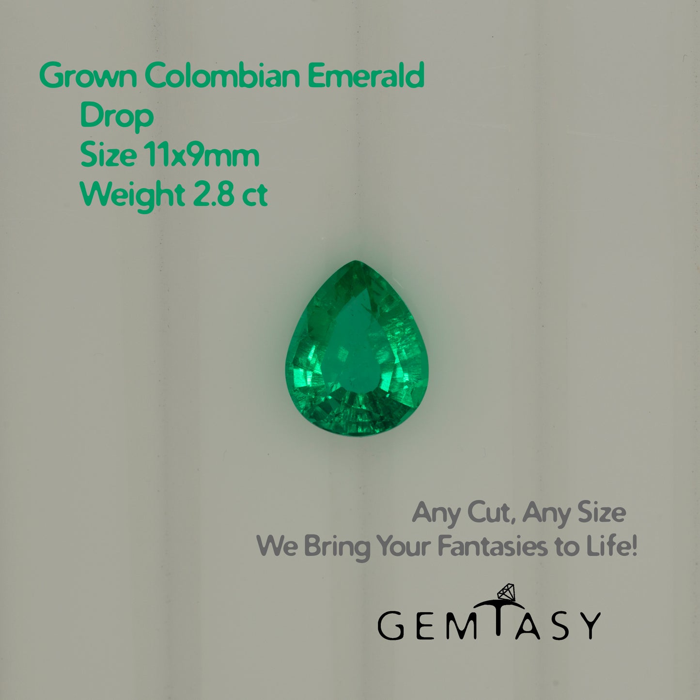 Cut stone - Emerald Colombian hydrothermal lab grown, facet Drop 11x9mm 2.8ct