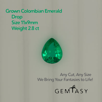 Cut stone - Emerald Colombian hydrothermal lab grown, facet Drop 11x9mm 2.8ct