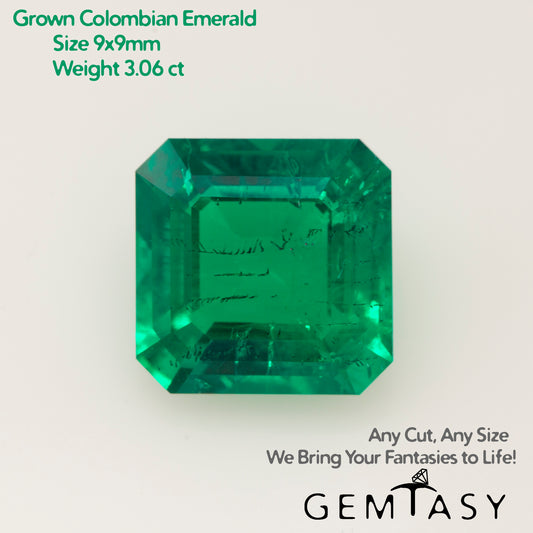 Piedra tallada - Esmeralda cultivada en laboratorio hidrotermal colombiano, faceta Octágono 9x9mm 3.06ct