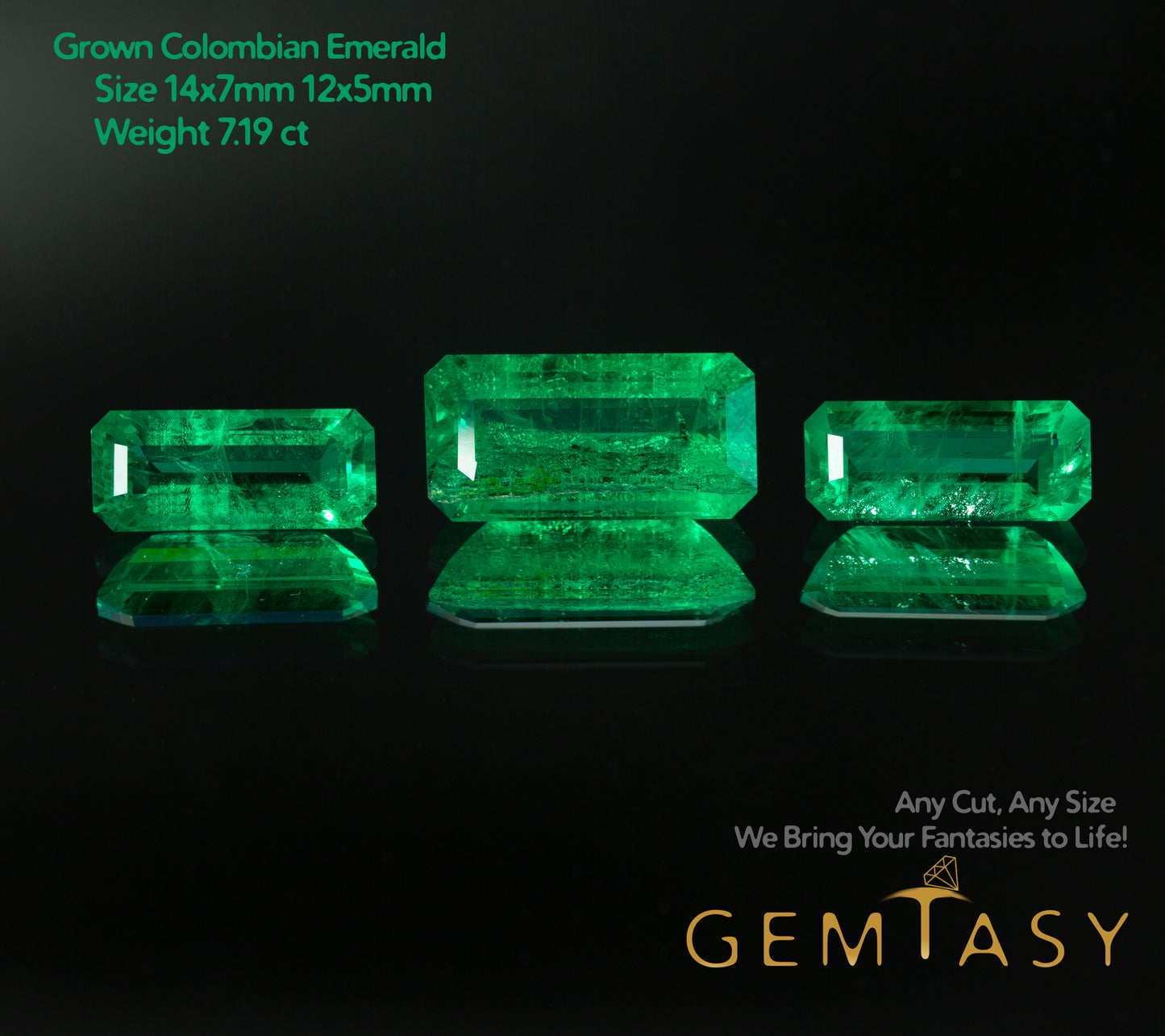 Cut stone set - Emerald Colombian hydrothermal lab grown, facet Octagon 14x7mm (1pc) 12x5 (2pcs)  7.19ct