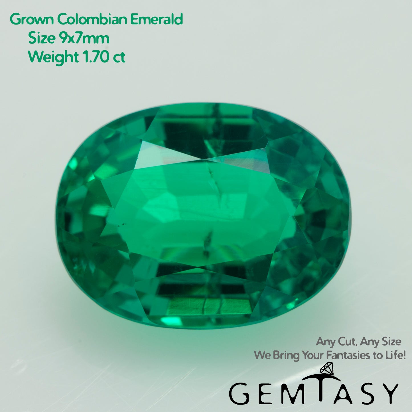 Cut stone - Emerald Colombian hydrothermal lab grown, facet Oval 9x7mm 1.70-1.75ct