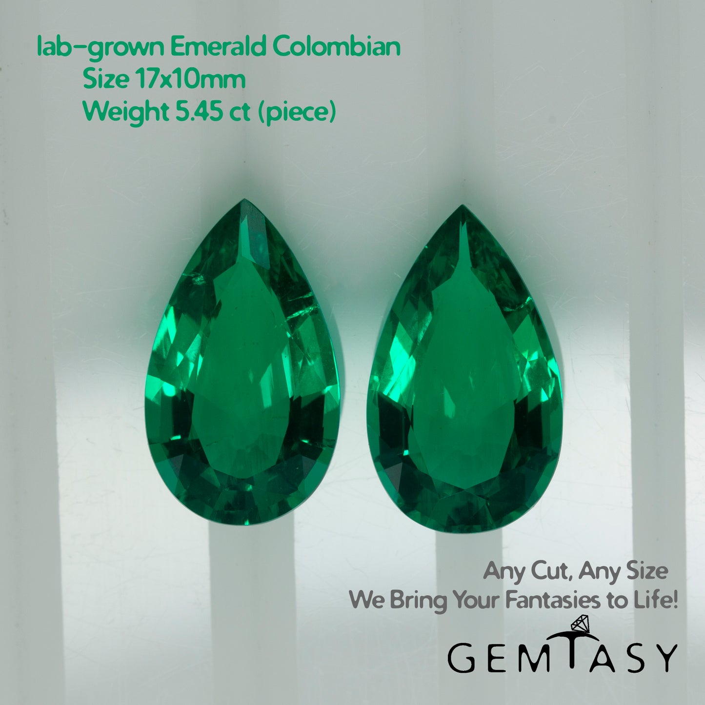 Cut stones set for earrings 14.10ct - Colombian hydrothermal Emeralds lab-grown Round 8mm 2pc + Pear 17x10mm 2pc