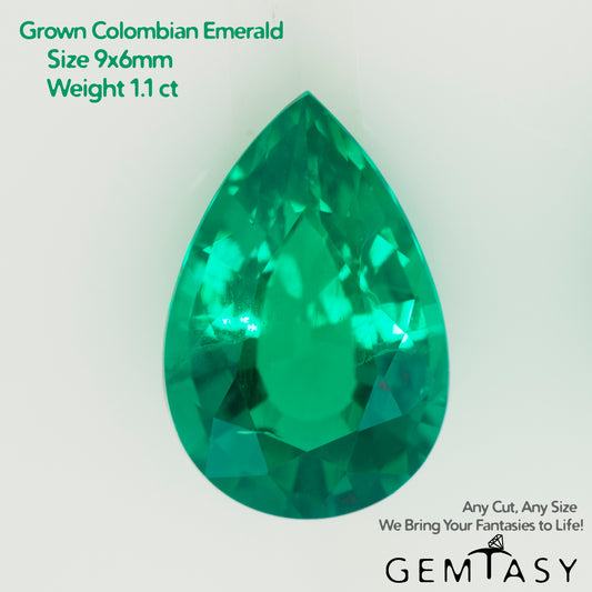 Cut stone - Emerald Colombian hydrothermal lab grown, facet Pear 9x6mm 1.10ct