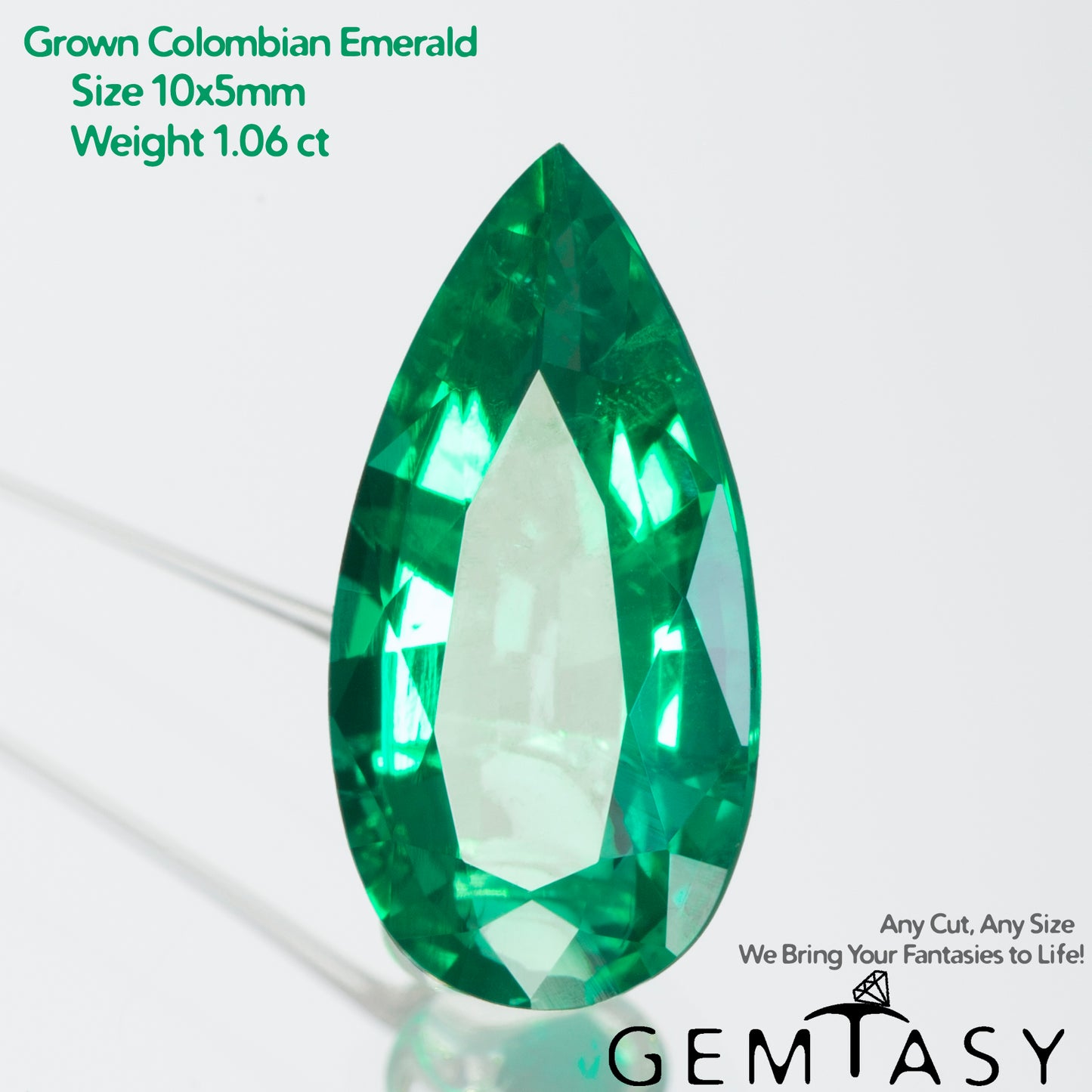 Cut stone - Emerald Colombian hydrothermal lab grown, facet Pear 10x5mm 0.97-1.06ct