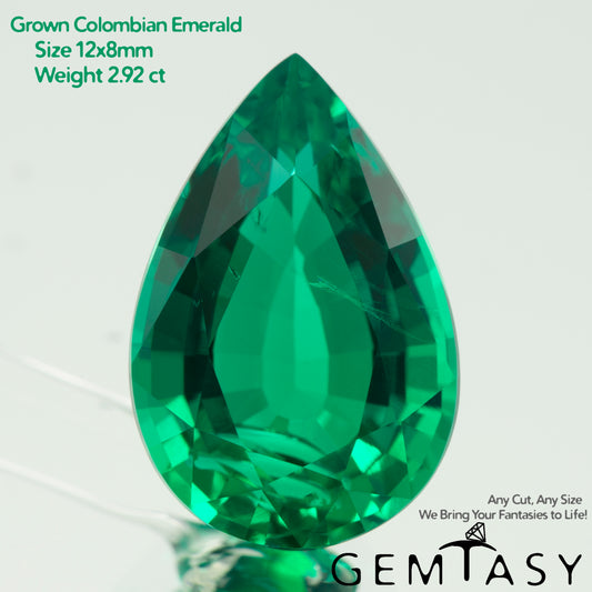 Cut stone - Emerald Colombian hydrothermal lab grown, facet Pear 12x8mm 2.75-2.98ct