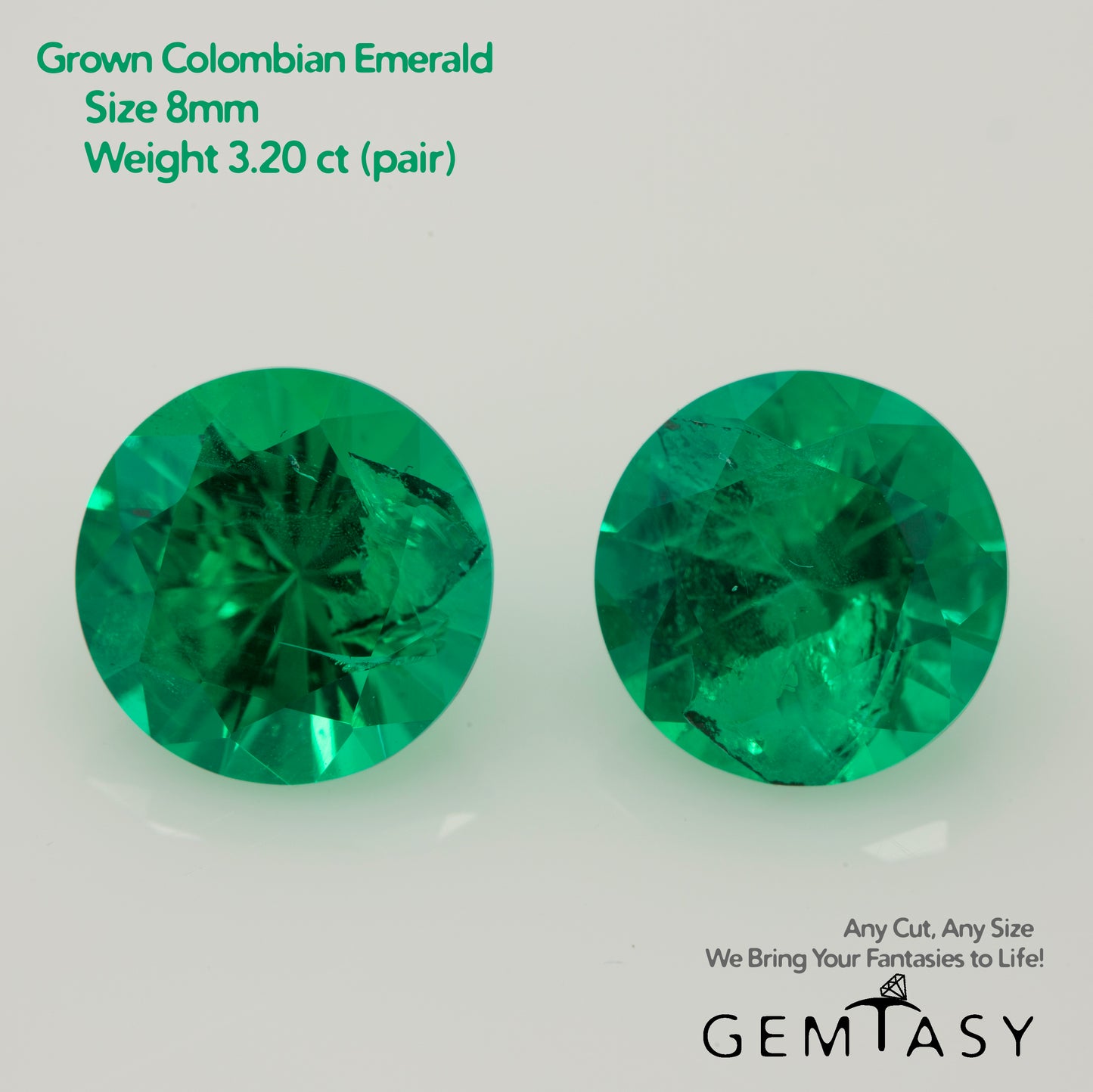 Cut stones set for earrings 14.10ct - Colombian hydrothermal Emeralds lab-grown Round 8mm 2pc + Pear 17x10mm 2pc