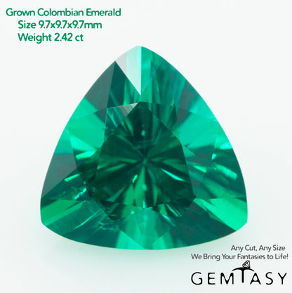 Cut stone - Emerald Colombian hydrothermal lab grown, facet Trilliant 9.7x9.7mm 2.42ct