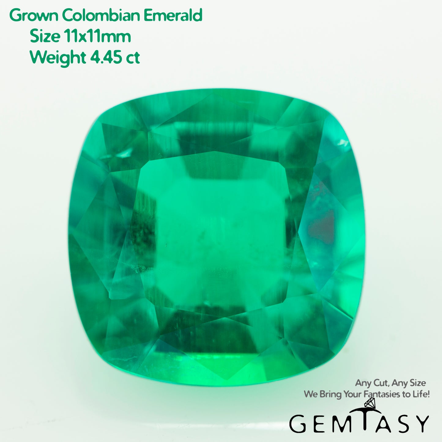 Cut stone - Emerald Colombian hydrothermal lab grown, facet Cushion 11x11mm 4.45ct