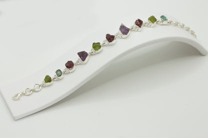 Natural Aquamarine, Peridot, Garnet, Amethyst Silver 925 Jewelry Bracelet 8"