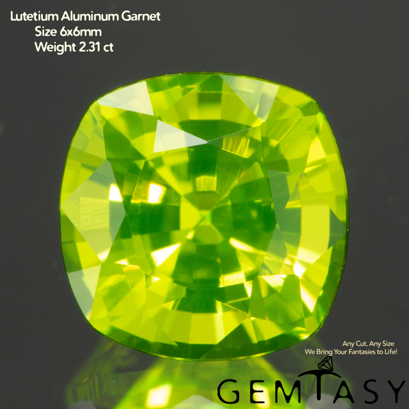 Cut stone - LuAG Yellow neon Czochralski (Pulled) lab grown, facet Cushion 6x6mm 1.98-2.42ct