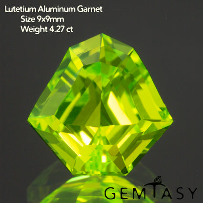 Cut stone - LuAG Yellow neon Czochralski (Pulled) lab grown, facet Shield 9x9mm 4.11-4.86ct