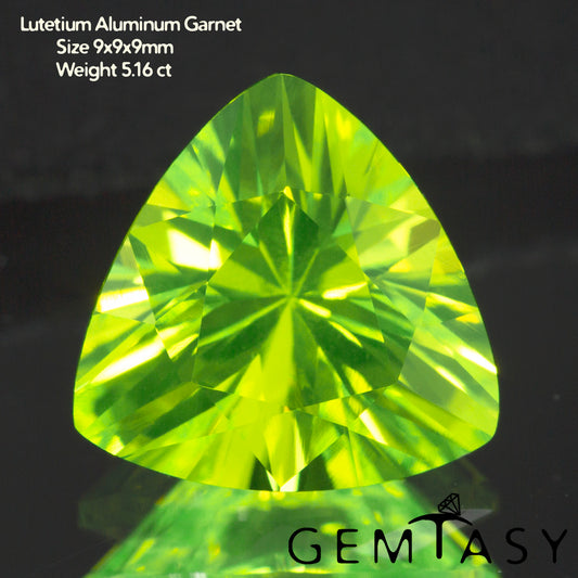 Cut stone - LuAG Yellow neon Czochralski (Pulled) lab grown, facet Trilliant 9x9x9mm 4.76-5.16ct