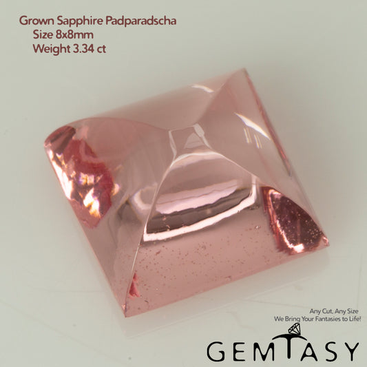 Pierre taillée - Saphir Padparadscha Czochralski (Tiré) cultivé en laboratoire, Cabochon carré 8x8mm 3,11-3,54ct