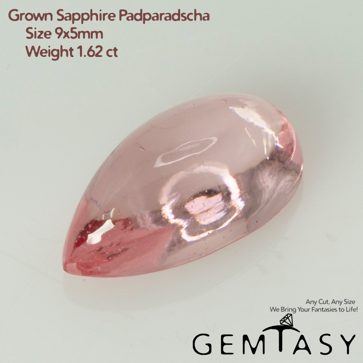 Pierre taillée - Saphir Padparadscha Czochralski (Tiré) cultivé en laboratoire, Cabochon Poire 9x5mm 1,42-1,61ct