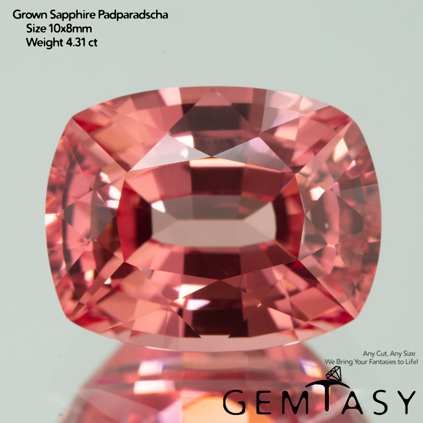 Cut stone - Sapphire Padparadscha Czochralski (Pulled) lab grown, facet Cushion 10x8mm 4.22-4.83ct