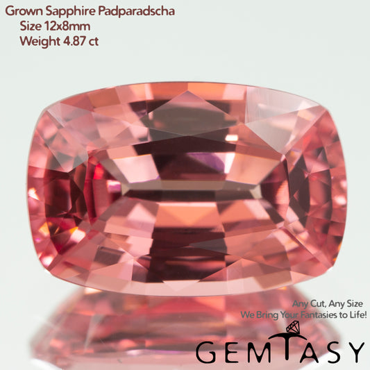 Cut stone - Sapphire Padparadscha Czochralski (Pulled) lab grown, facet Cushion 12x8mm 4.87-5.34ct