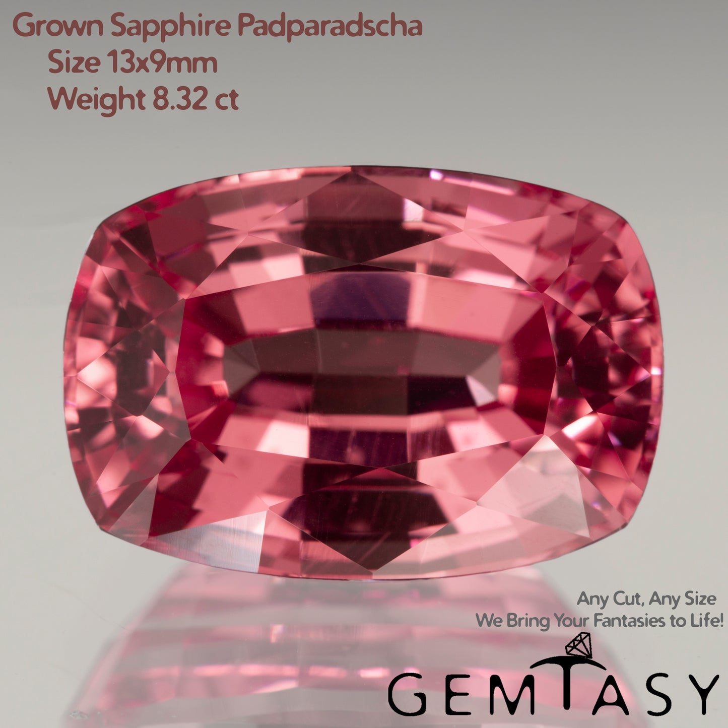 Pierre taillée - Saphir Padparadscha Czochralski (Tiré) cultivé en laboratoire, facette Coussin 13x9mm 8,32ct