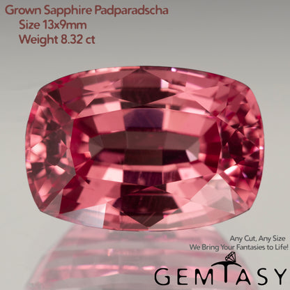 Cut stone - Sapphire Padparadscha Czochralski (Pulled) lab grown, facet Cushion 13x9mm 8.32ct