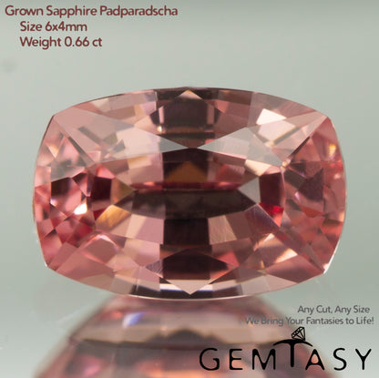 Cut stone - Sapphire Padparadscha Czochralski (Pulled) lab grown, facet Cushion 6x4mm 0.59-0.72ct