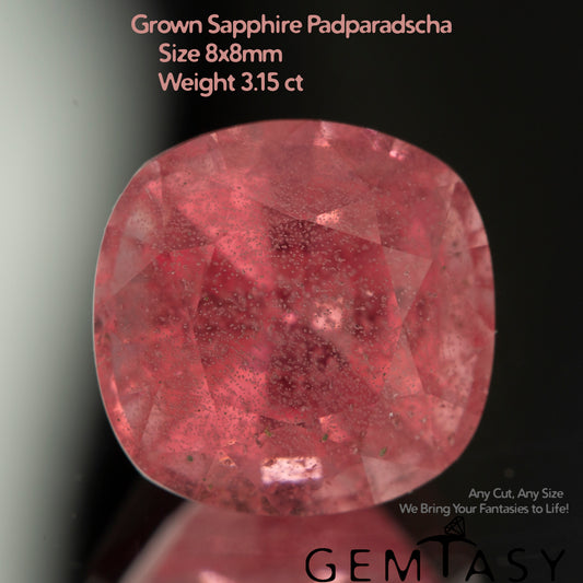 Pierre taillée - Saphir Padparadscha Czochralski (Tiré) cultivé en laboratoire, facette Coussin 8x8mm 3,15ct