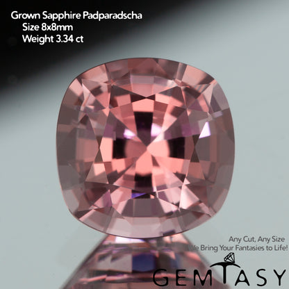 Cut stone - Sapphire Padparadscha Czochralski (Pulled) lab grown, facet Cushion 8x8mm 2.62-3.34ct