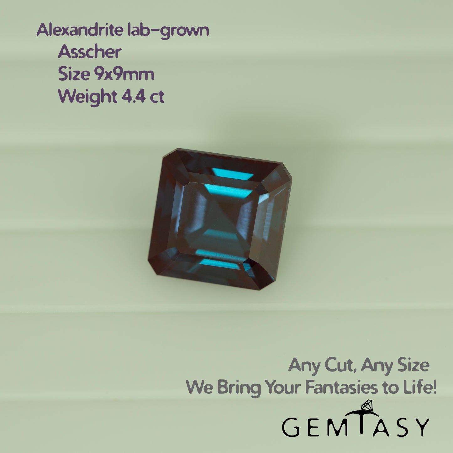 Cut stone - Alexandrite Czochralski (Pulled) lab grown, facet Asscher 9x9mm 4.4ct