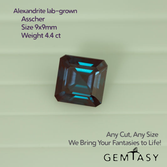 Pierre taillée - Alexandrite Czochralski (Tirée) cultivée en laboratoire, facette Asscher 9x9mm 4,4ct