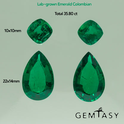 Cut stones set for earrings 35.80ct - Colombian hydrothermal Emeralds lab-grown Cushion 10x10mm 2pc + Pear 22x14mm 2pc