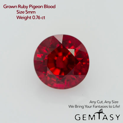 Cut stone - Ruby Pigeon blood Czochralski (Pulled) lab grown, facet Round 5mm 0.75-0.76ct