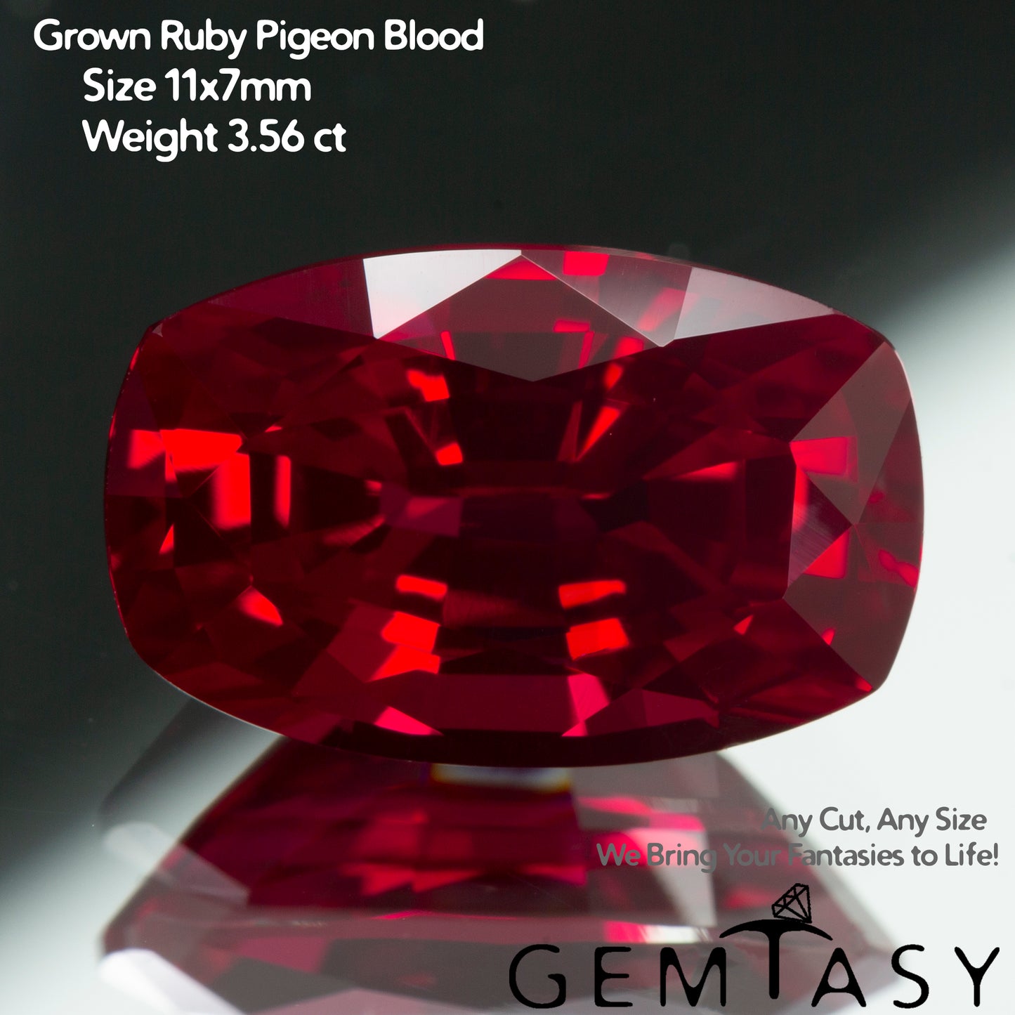 Cut stone - Ruby Pigeon blood Czochralski (Pulled) lab grown, facet Cushion 11x7mm 3.12-3.56ct