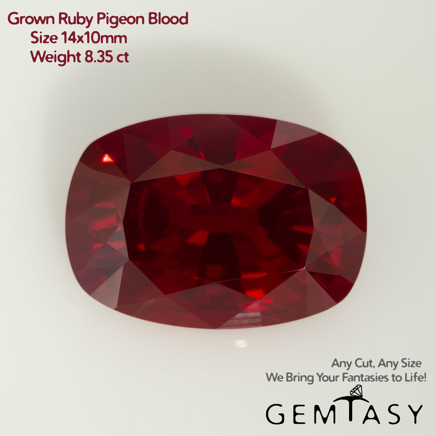 Cut stone - Ruby Pigeon blood Czochralski (Pulled) lab grown, facet Cushion 14x10mm 8.35ct